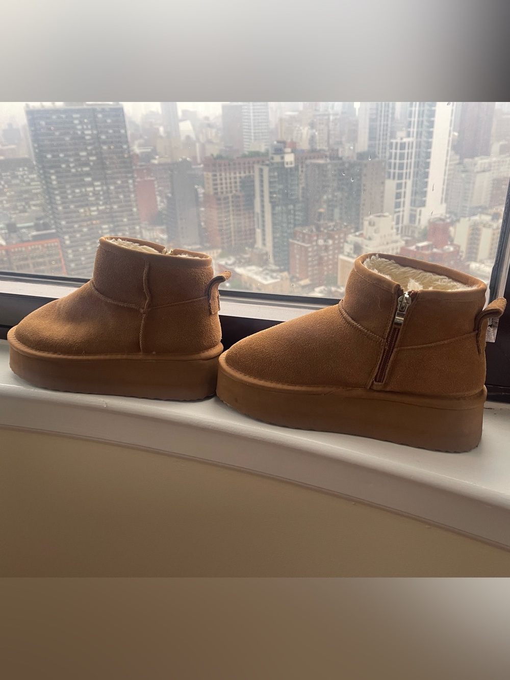 Chestnut Suede Short Shearling Platform Boots with Side Zip